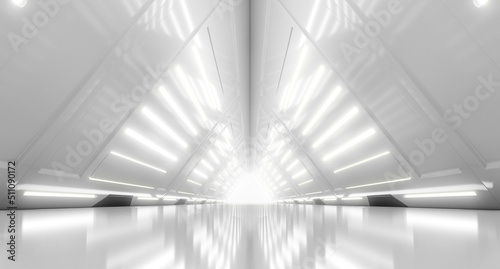 Abstract Futuristic corridor interior design with lights. Triangle Spaceship Tunnel Future concept. 3D Rendering