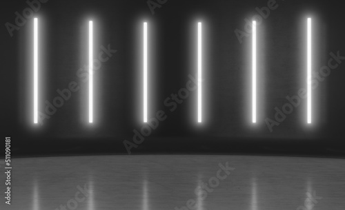 Abstract Futuristic minimal wall scene with vertical glowing neon lighting. Product display presentation empty room concept . 3D Rendering