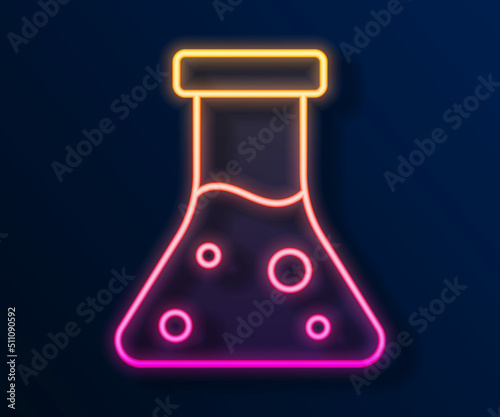 Glowing neon line Oil petrol test tube icon isolated on black background. Cmemistry flask and falling drop. Vector