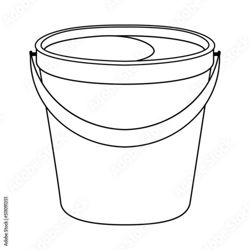Coloring page with colorless cartoon bucket of water. Template of coloring book with plastic or metallic bucket. Practice worksheet or Anti-stress page for kids. Logic outline education game.