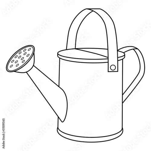 Coloring page with Watering Can. Colorless cartoon garden watering can. Template of coloring book with gardening tool to water the plants and flowers. Practice worksheet or Anti-stress page for kids.