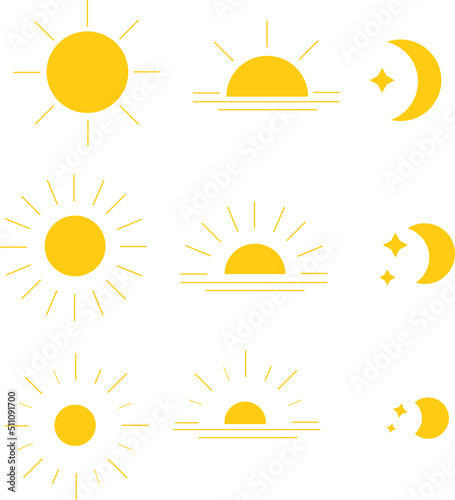 Sun and Moon morning noon night time, sunrise and day and night vector icon illustration material