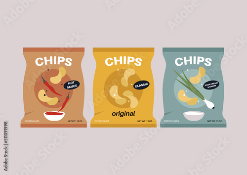 A collection of potato chips in plastic bags with different flavors, unhealthy snacks