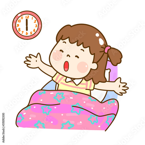 
Cartoon kids wake up and sit on the bad.

