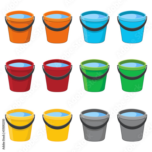 Set of cartoon buckets with water isolated on white background. Colorful plastic or metallic buckets with and without shadow in flat design. Tin pail. Buckets filled water for garden or cleaning house