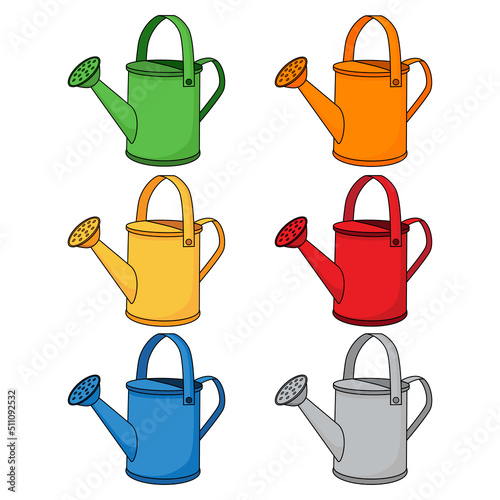 Collection of watering can icons. Cartoon colorful watering cans isolated on white background. Set of gardening tools to water the plants and flowers. Realistic seasonal garden inventory, equipment.