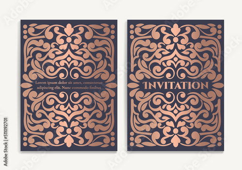Gold and black luxury invitation card design with vector ornament pattern. Vintage template. Can be used for background and wallpaper. Elegant and classic vector elements great for decoration.
