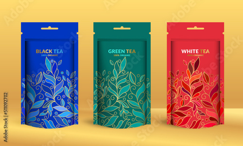 Tea packaging design with zip pouch bag mockup. Vector ornament template. Elegant, classic elements. Great for food, drink and other package types. Can be used for background and wallpaper.
