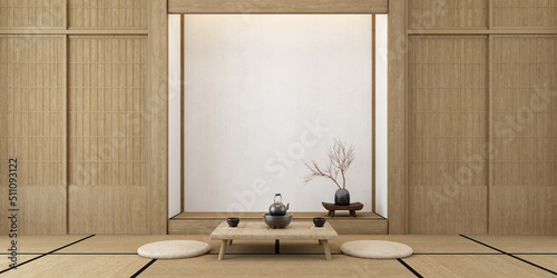 Traditional japanese tea room interior with tatami mats.3d rendering photo