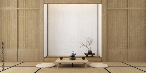 Photography Traditional japanese tea room interior with tatami mats