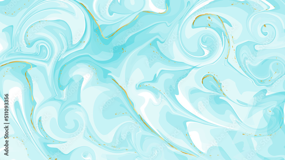 Mint cian turquoise stone marble malachite watercolor background with gold lines and brush stains. Alcohol ink drawing effect. Vector illustration backdrop.