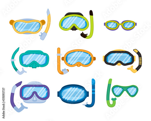Collection of cartoon masks for swimming. Isolated cartoon set underwater glasses . Vector illustration masks for swimming on white background.