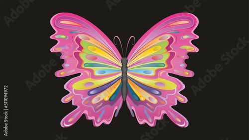 Psychedelic colorful butterfly. Isolated on black background. Vector illustration. 