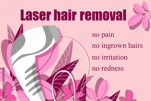 Laser hair removal advertising, banner with leaves and flowers, skin care, beautician mockup, ingrown hair, painless procedure