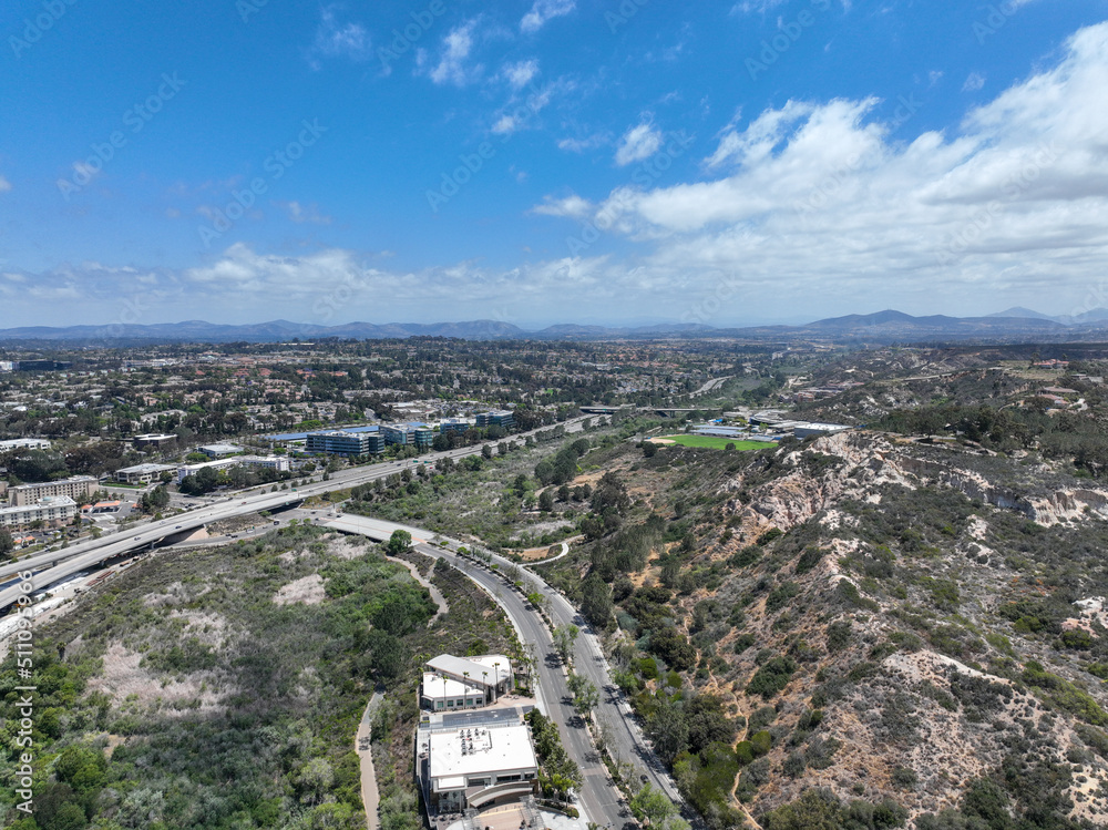 Aerial view of Del Mar town in San Diego County, California, located on the coast of the Pacific Ocean. USA