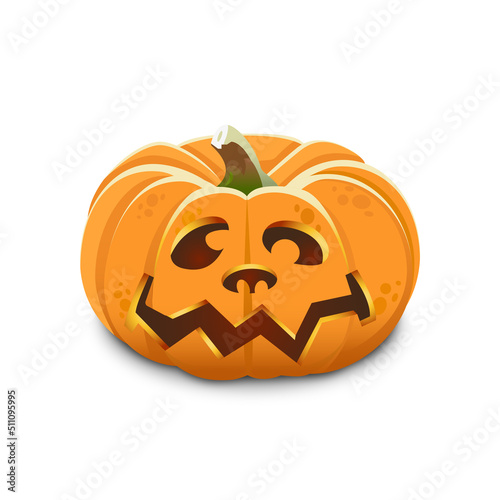 Kind smiling lantern pumpkin with crooked toothy smile for halloween isolated