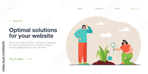 Care of investors for money plant growth. Woman looking through magnifying glass at financial profit flat vector illustration. Finance, deposit concept for banner, website design or landing web page