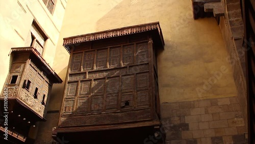  wooden oriel windows, Mashrabiya, ancient antique house Cairo, Egypt	
 photo