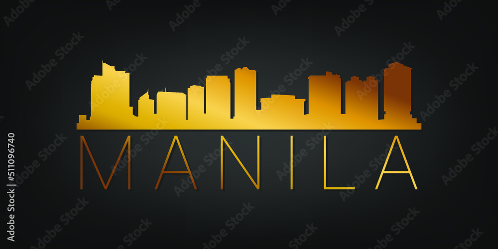 Naklejka premium Manila, Metro Manila, Philippines Gold Skyline City Silhouette Vector. Golden Design Luxury Style Icon Symbols. Travel and Tourism Famous Buildings.
