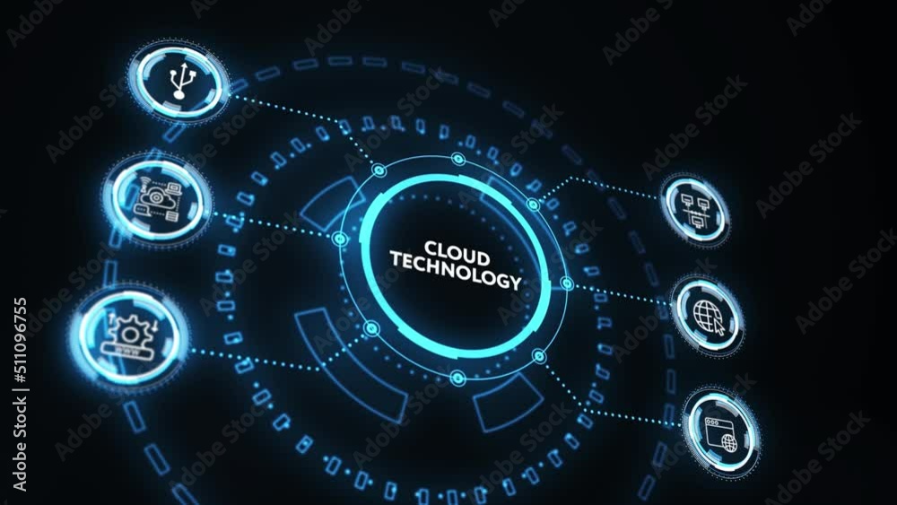 Cloud technology computing concept. Robot pressing button on virtual screen. Cloud technology computing concept. Robot pressing button on virtual screen.