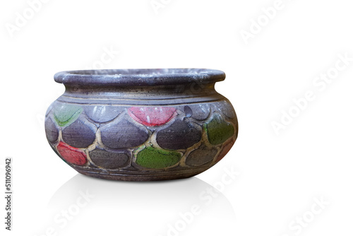 old and dirty, violet and red and green color pot on white background, retro, vintage, object, copy space