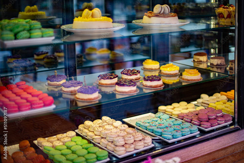 Delicious desserts in the patisserie window