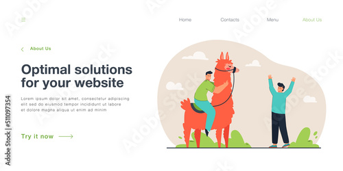 Happy rider riding funny pink llama. Male friends with cute animal from Peru flat vector illustration. Peruvian travel, nature, vacation concept for banner, website design or landing web page