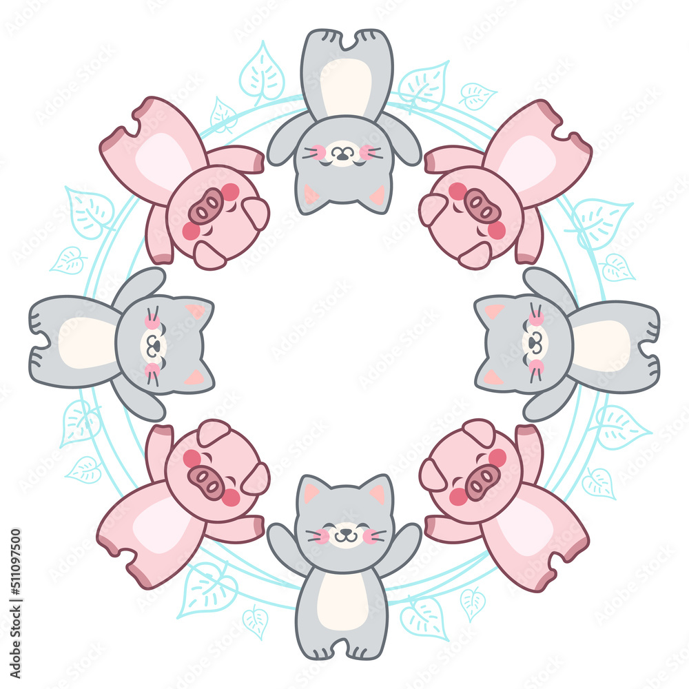 Kawaii pets round dance. Pig and cat. Kawaii pets round dance. Pig and cat.