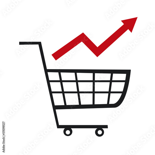 Shopping card and a red rising arrow. Inflation concept.
