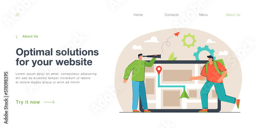 Man looking at courier with tablet showing his location in background. Customer waiting for deliveryman flat vector illustration. Delivery service concept for banner, website design, landing web page