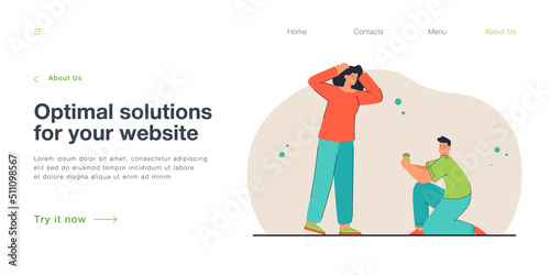 Man on one knee with gift box and confused woman. Happy boyfriend proposing to his partner flat vector illustration. Love, relationship concept for banner, website design or landing web page