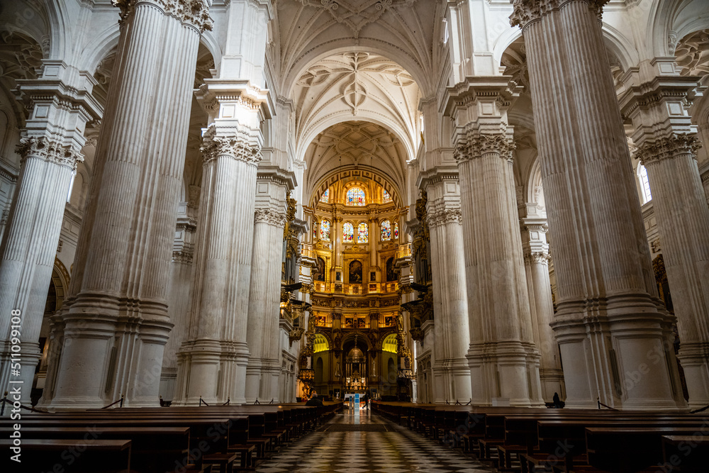 Wide-angle photography of the altar of the cathedral of Granada in Spain was taken from the main entrance