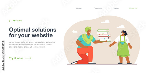 Indian man on one knee holding books and stretching them to his daughter. Father helping to study his child flat vector illustration. Education concept for banner, website design or landing web page