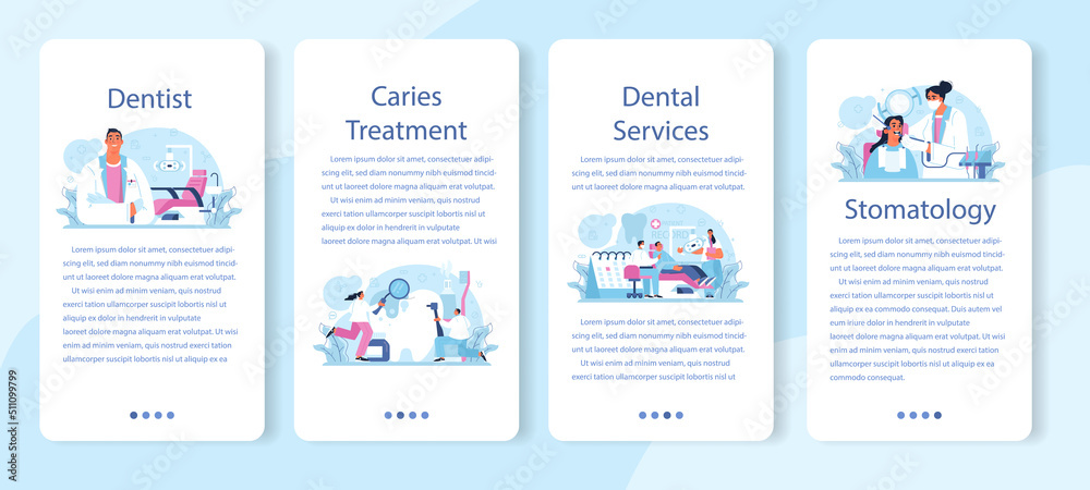 Dentist concept mobile application banner set. Dental doctor