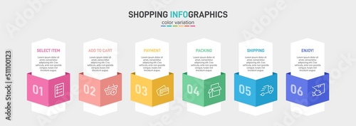 Concept of shopping process with 6 successive steps. Six colorful graphic elements. Timeline design for brochure, presentation, web site. Infographic design layout.