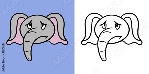 Horizontal illustration for coloring book, sad little elephant, elephant emotions, elephant offended, vector