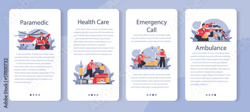 Ambulance mobile application banner set. Emergency medical technician