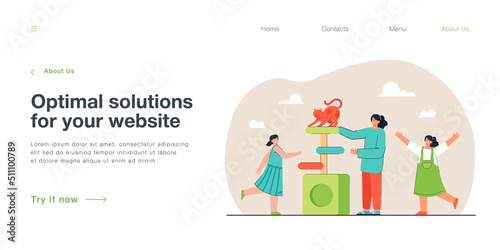 Happy family people playing with scratching post and cat house. Kitten climbing on top of tower flat vector illustration. Toy from pet store concept for banner, website design or landing web page