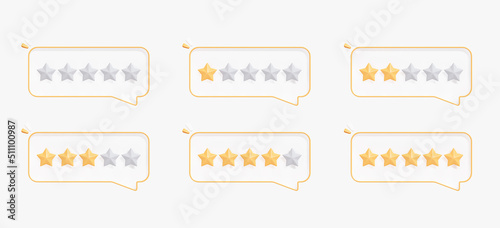 3D Customer feedback with all stars quality rating. Review or survey concept. Positive and negative user reviews. High or low reputation. Set creative icon isolated on white background. 3D Rendering © accogliente