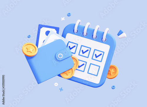 3D Calendar with Wallet and Money Coin. Check in every day and get bonus and cash prize. Salary schedule. Plan payment concept. Cartoon creative icon design isolated on blue background. 3D Rendering