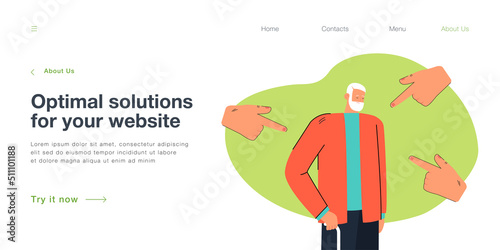 Hands pointing with finger at unhappy outcast elderly man. Violence, blame and hate to old people flat vector illustration. Stop bullying concept for banner, website design or landing web page