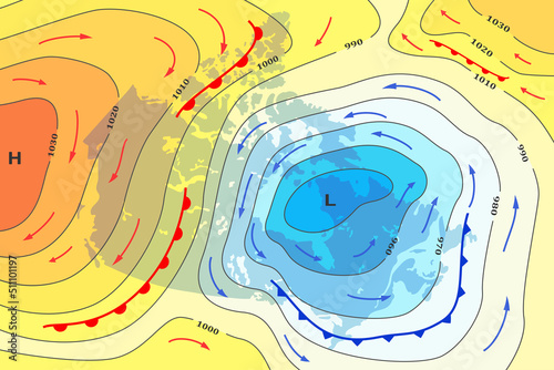 Weather forecast map of Canada. Movement of cold front to Canada. Template of climate map for synoptic prediction with pressure, isobars, temperature change, meteorology cyclone, direction wind fronts