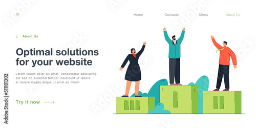 Cheerful business people standing on pedestal. Happy businessman or winner in first place flat vector illustration. Competition, victory, success concept for banner, website design or landing web page