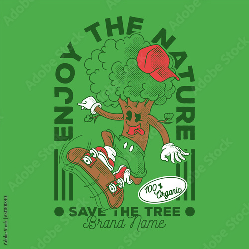 Cartoon emblem of skateboarder tree doing freestyle with retro style