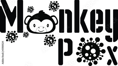 Smallpox monkeys. The black silhouette of the virus and the silhouette of the head of the monkey on the background of the black inscription.