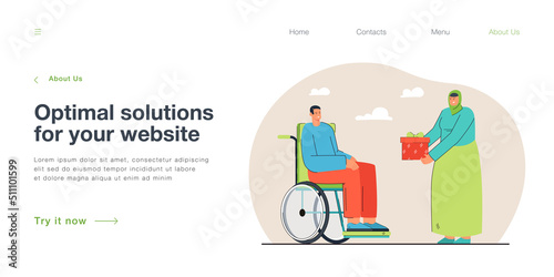 Islamic woman giving present to male person in wheelchair. Man with physical disability receiving gift flat vector illustration. Ramadan, support, disability concept for banner or landing web page