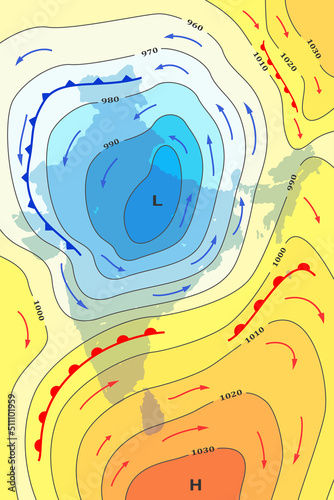 Weather forecast map of India. Movement of warm cyclone to country. Template of climate map for synoptic prediction with pressure, isobars, temperature, meteorology cyclone, direction wind fronts.