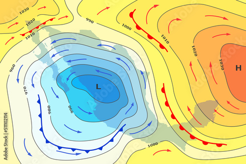 Weather forecast map of Mexico. Movement of cold front to country. Template of climate map for synoptic prediction with pressure, isobars, temperature, meteorology cyclone, direction wind fronts.