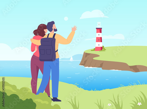Happy couple looking at lighthouse. Man and woman hugging, enjoying coastal sights. Family, travelling concept for website or landing page