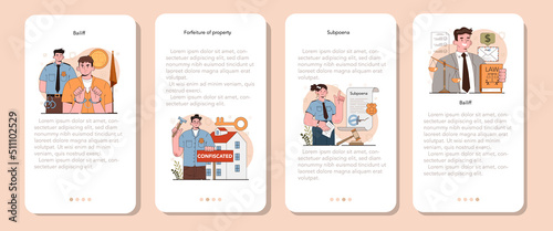 Bailiff concept mobile application banner set. Court officer confiscating